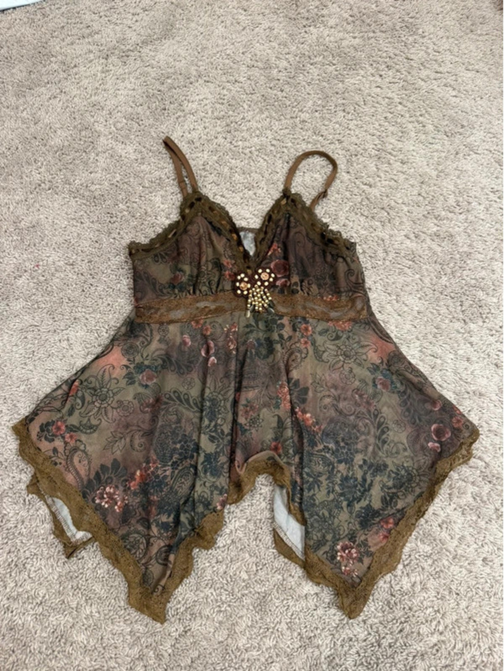 Y2K Fairycore Brown Paisley Cami Top Women’s Large Lace Trim
